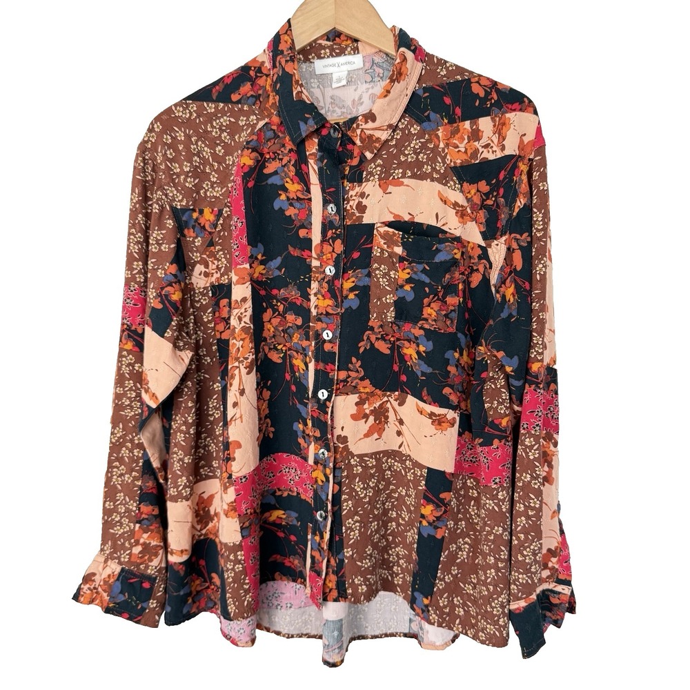 Vintage America‎ Patchwork Button Up Womens Large Indie Country Rustic Cowgirl